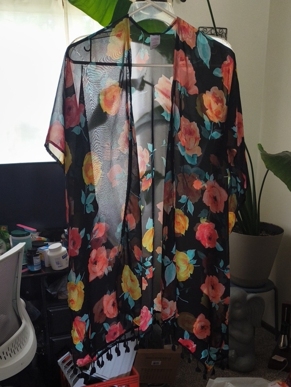 No Boundaries Black Floral Sheer Kimono with Coral and Yellow Roses